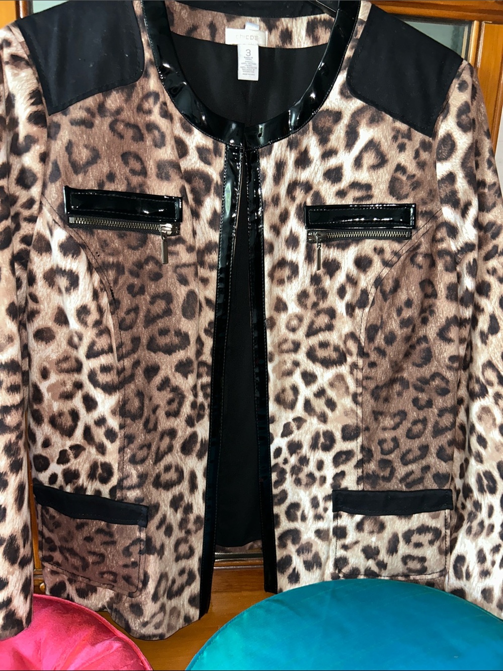 Chico’s Size 3 Leopard Print Jacket Faux Leather Trim Animal Print Blazer - Picture 2 of 6